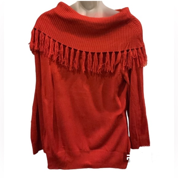 Dressbarn red fold over shoulder tasseled lightweight sweater sz large - Picture 2 of 13